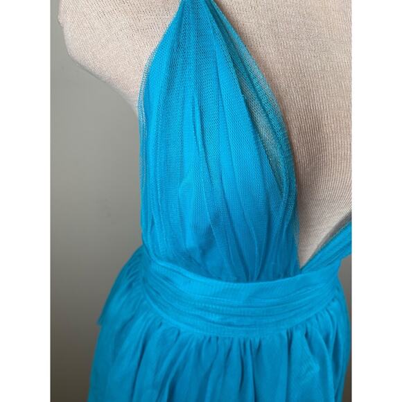 Alice + Olivia Doja V Neck Tulle High Low Tiered Blue Maxi Gown Size 8 - Picture 12 of 16